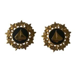 Nautical Anchor Clip On Earrings Gold Tone Navy Blue Enamel Sunburst